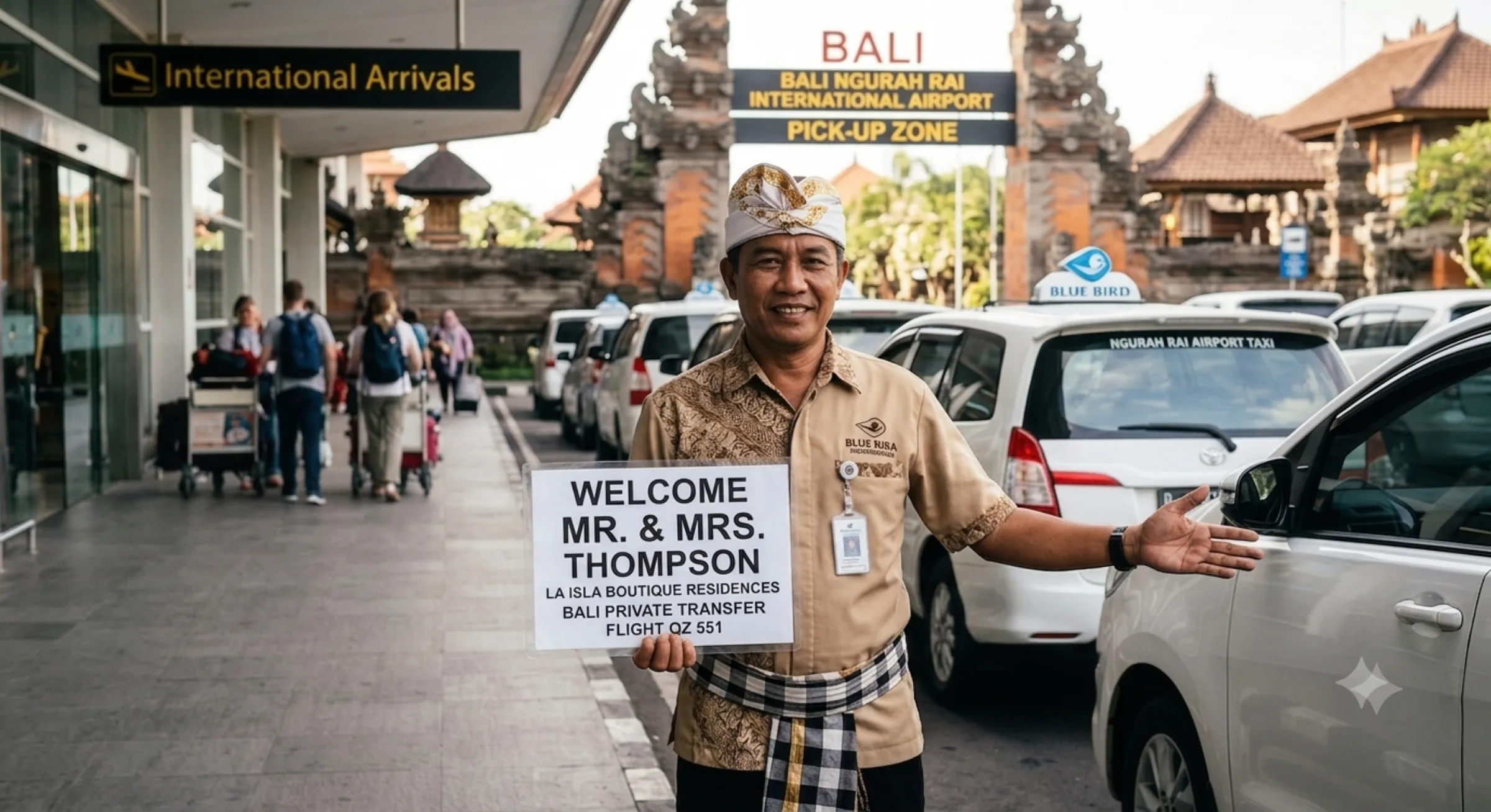Driver in udeng holding 'La Isla Boutique Residences' welcome sign at Bali Ngurah Rai International Arrivals